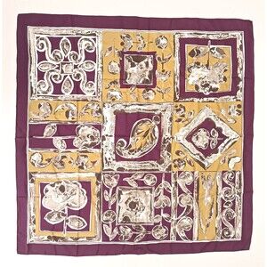 VTG 100% Silk Scarf Made Italy Plum/Gold/Gray Floral Block Print Rolled Edge 34"